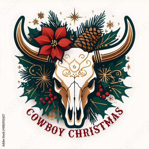 Cowboy Christmas Decorated Cow Skull