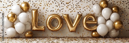Golden love balloons and white balloons with confetti on a festive background...