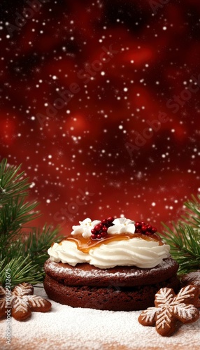 Festive chocolate cake with caramel frosting, topped with berries and surrounded by gingerbread cookies.