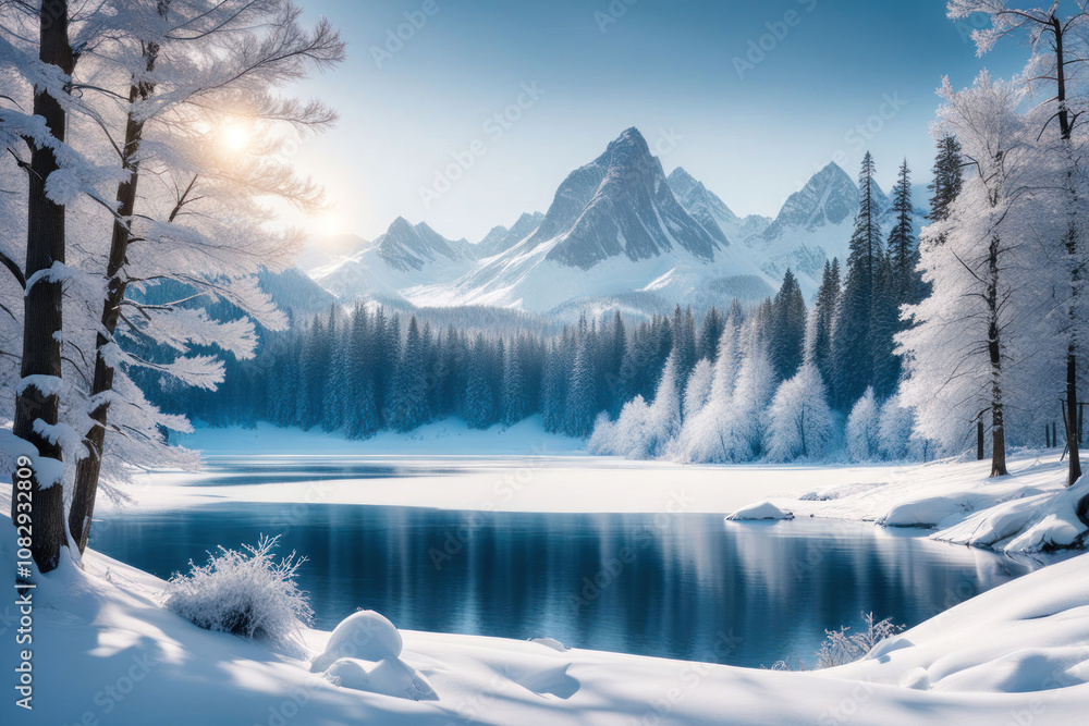 Snowy mountain landscape with a frozen lake and sun shining through the trees. Snowy mountain landscape with a frozen lake and sun shining through the trees.