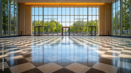 A spacious lobby with large windows and a checkered floor reflecting natural light.