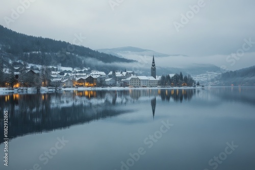 Scenic winter evening by the tranquil lake with reflections of mountains and ...