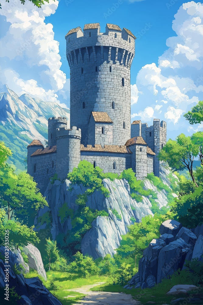 a castle is on a mountain with trees and a sky background a castle is on a mountain with trees and a sky background