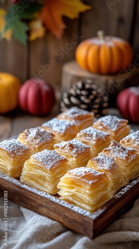 Delicious pastry dessert garnished with powdered sugar on a rustic wooden tab...