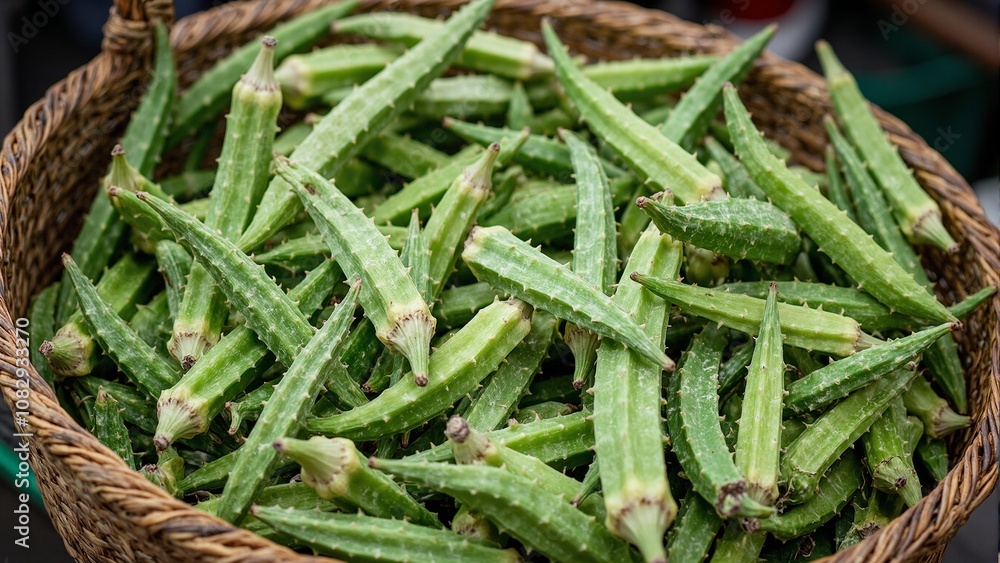 Freshly picked okra pods in a rustic basket showcasing vibrant green colors Freshly picked okra pods in a rustic basket showcasing vibrant green colors