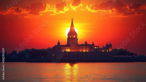 A striking silhouette of a tower against a vibrant sunset over water.