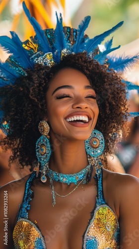 A joyful participant in vibrant costume with elaborate feathers at a festival...