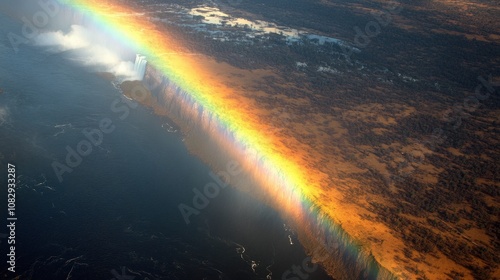 A stunning aerial view of a rainbow arching over a waterfall and lush landscape.