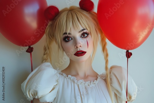 Woman holding red balloons in a playful costume against a textured background