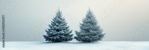 Lonely evergreen tree stands in a snowy field surrounded by fog on a winter day