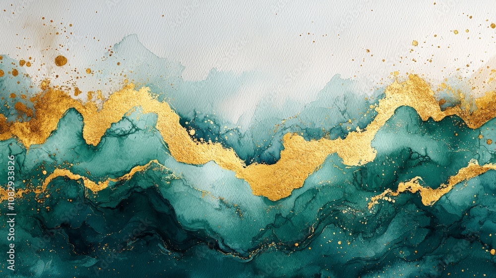 Abstract artwork featuring teal waves and gold accents, evoking elegance and serenity. Abstract artwork featuring teal waves and gold accents, evoking elegance and serenity.
