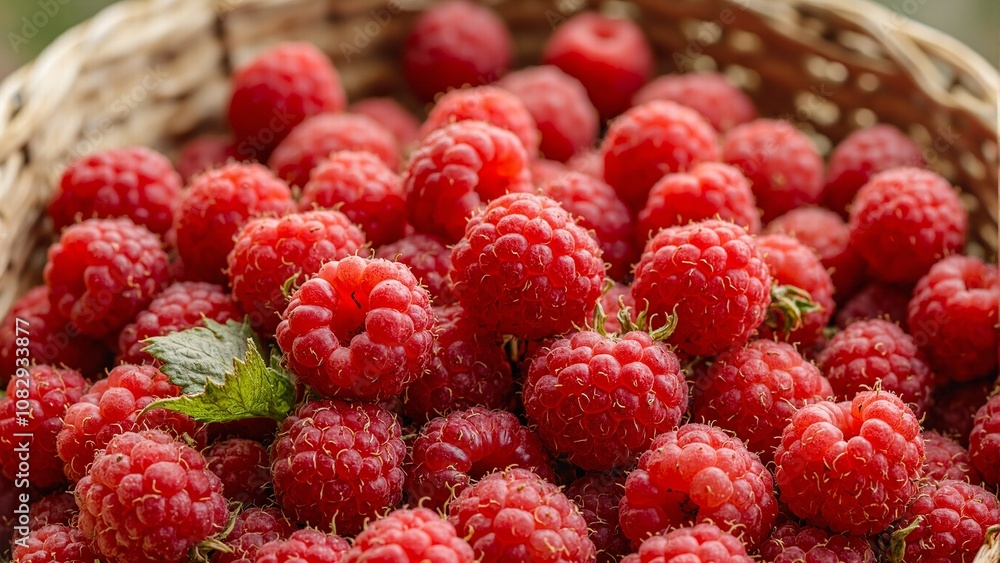 Fresh ripe raspberries in wooden basket vibrant red color with scattered green leaves for texture Fresh ripe raspberries in wooden basket vibrant red color with scattered green leaves for texture