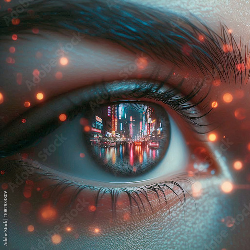 Close-up of eyes reflecting neon signs and city lights, sparks and paths