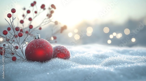Red ornaments resting on snowy ground with soft light during winter season