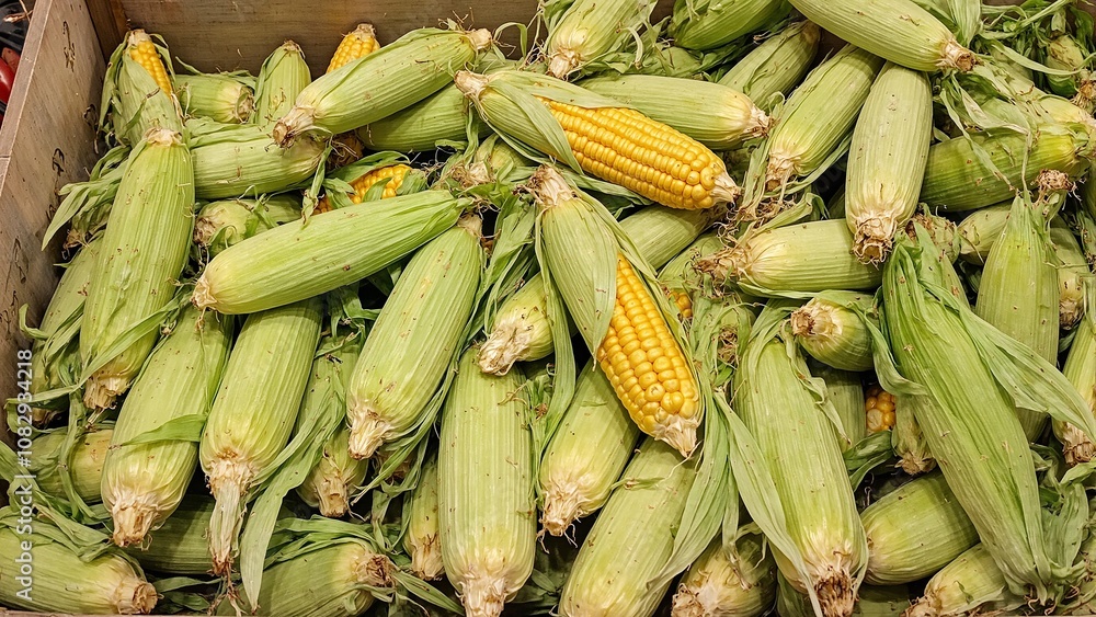 Freshly harvested sweet corn with husks in wooden crate Golden kernels peek through green husks Freshly harvested sweet corn with husks in wooden crate Golden kernels peek through green husks