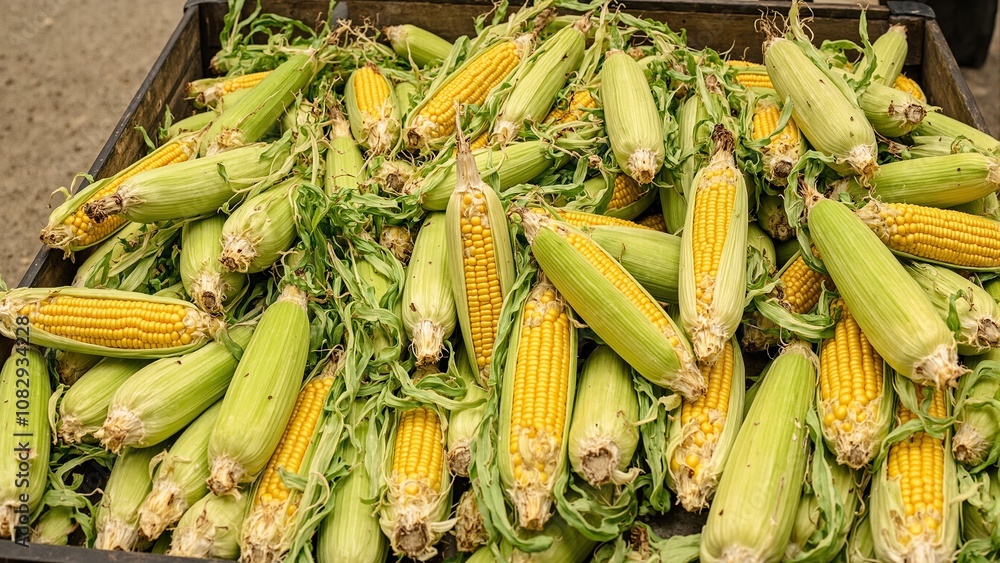 Freshly harvested sweet corn with husks in wooden crate Golden kernels peek through green husks Freshly harvested sweet corn with husks in wooden crate Golden kernels peek through green husks