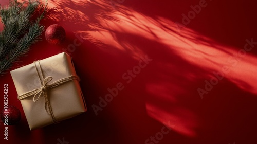 Holiday gift wrapped in brown paper sits on a red background with decorative ...
