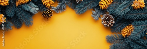 Festive evergreen branches with cones and berries displayed against a vibrant...