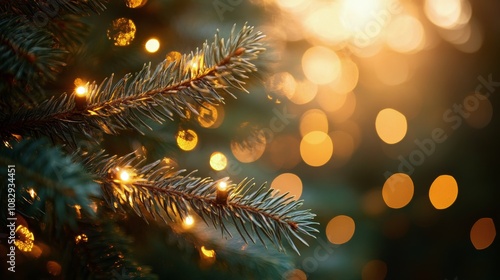 A close up view of a Christmas tree branch adorned with glowing lights during...
