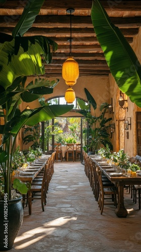 Elegant indoor dining setting with natural decor and hanging lights in a lush...