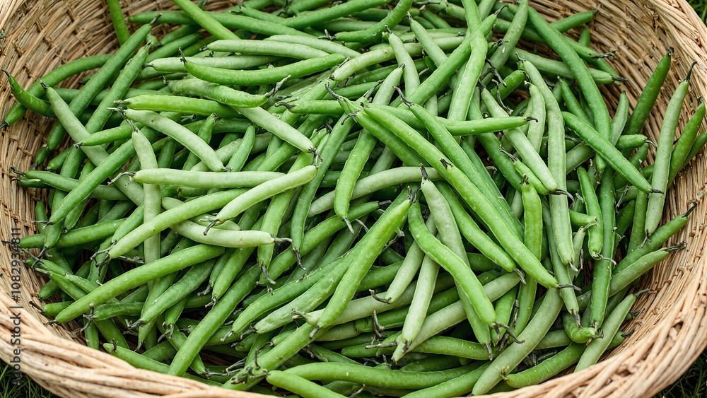 Freshly picked green beans in a basket in a lush field