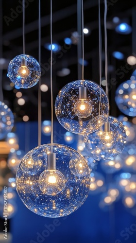 Elegant hanging glass light fixtures illuminating a stylish interior space wi...