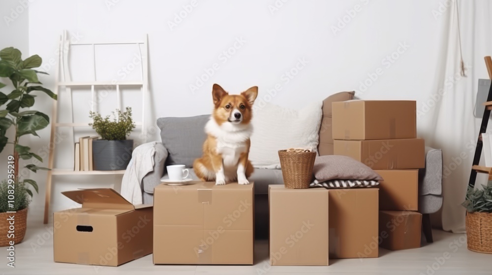 Fototapeta premium Cozy home setting with a cute puppy sitting on packed moving boxes, surrounded by plants and a comfy sofa.