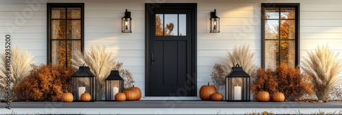 Autumn decorations featuring pumpkins and lanterns on a welcoming front porch...