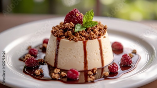 Delicious layered dessert with chocolate, yogurt, and granola, served in glas...
