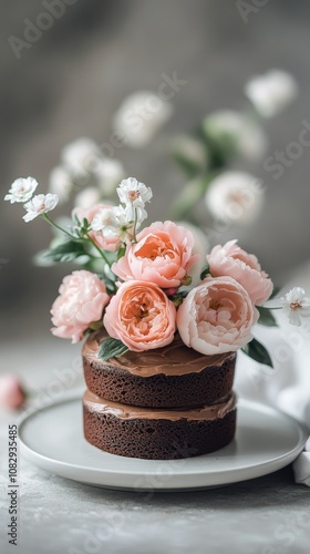 Delicious layered chocolate cake with fresh floral decorations displayed on a...