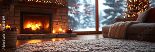 Cozy candles on a knitted blanket with twinkling lights during a calm evening...