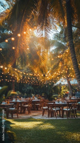 Elegant outdoor wedding reception beautifully decorated with string lights an...