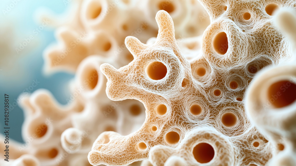 Close-up view of intricate coral-like structure with porous holes and organic texture in beige tones against a soft blue background Close-up view of intricate coral-like structure with porous holes and organic texture in beige tones against a soft blue background