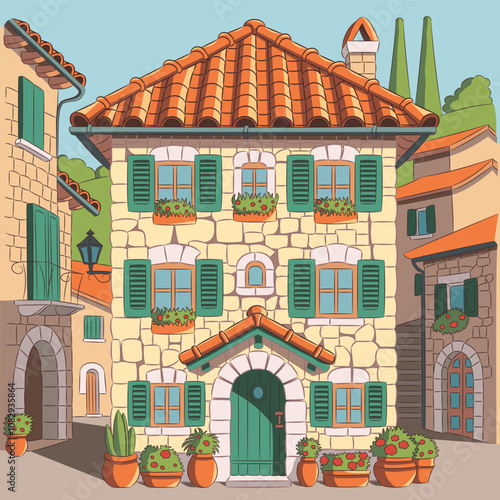 Vector drawing of traditional stone house in Mediterranean village, Europe