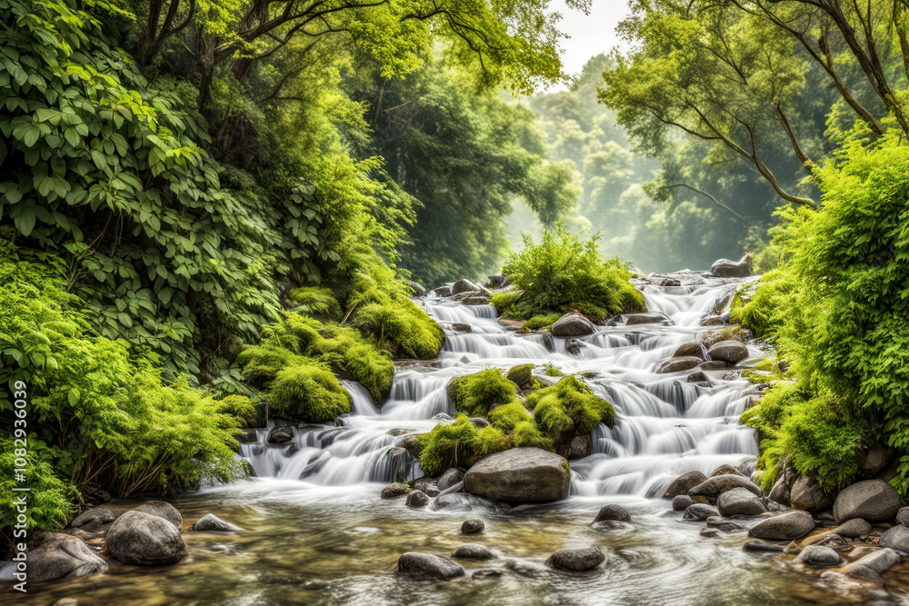 Lush green forest stream cascading over mossy rocks. Lush green forest stream cascading over mossy rocks.