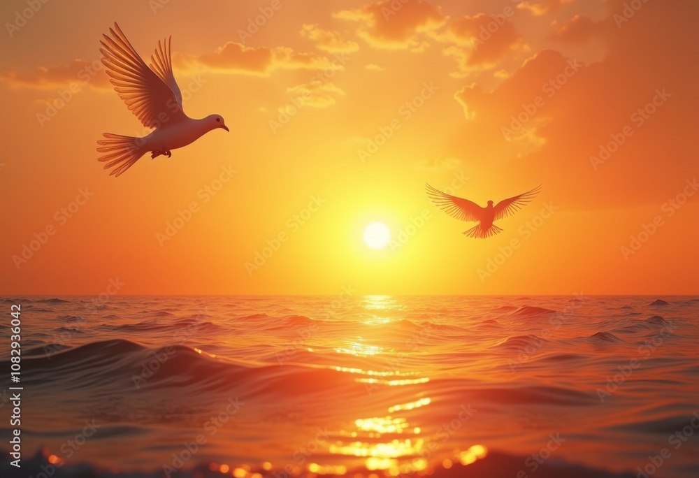 Fototapeta premium Two birds soaring over a tranquil ocean at sunset, capturing the beauty of nature's evening glow and the horizon’s vibrant colors