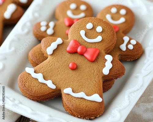 Gingerbread men cookies decorated with white icing and red bow ties on a white plate.