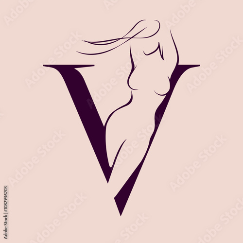 Letter V beautiful woman body logo. Young female silhouette. Elegant, feminine lines. Beauty, spa icon isolated on light fund. Long wavy hairstyle attractive model. Glamour style nude figure.