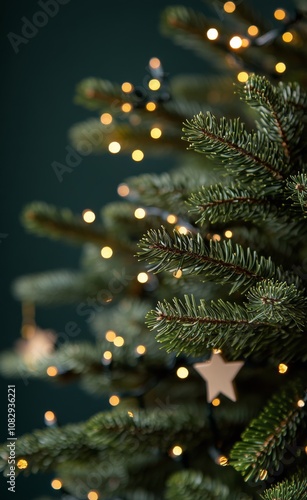 The branches of a Christmas tree are adorned with glistening droplets and war...