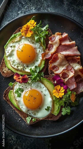 Delicious breakfast featuring avocado toast with eggs and crispy bacon on a d...