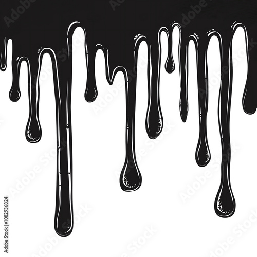 Black oil or paint liquid running and leaking downwards for use as a dripping border or frame, png file cut out and isolated on a transparent background, abstract stock illustration image