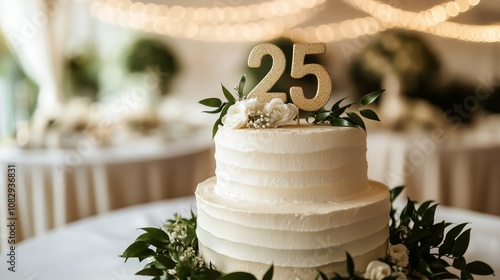 Elegant wedding cake with leafy decorations and a golden 25 topper at a celeb...