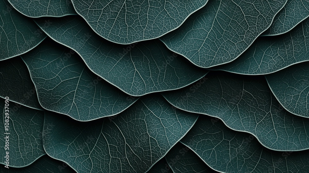Obraz premium Close-up view of overlapping dark green leaves with intricate vein patterns creating a textured surface. The leaves form a layered pattern with visible detailed veins.