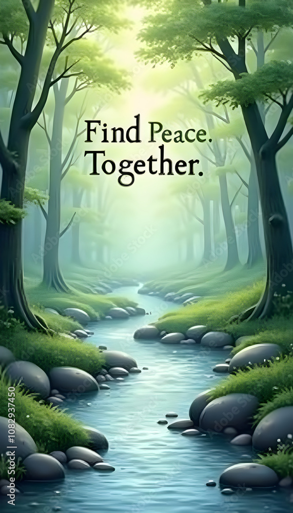 Serene nature landscape with a stream and 'Find Peace. Together ...