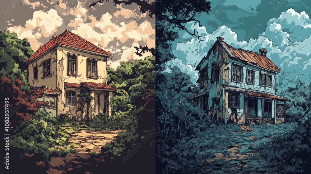 Fototapeta premium Two Contrasting Houses: Mansion and Dilapidated Shack