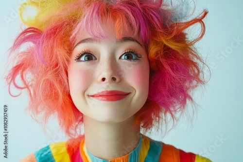 A young woman with colorful hair and bright makeup smiles cheerfully in a stu...
