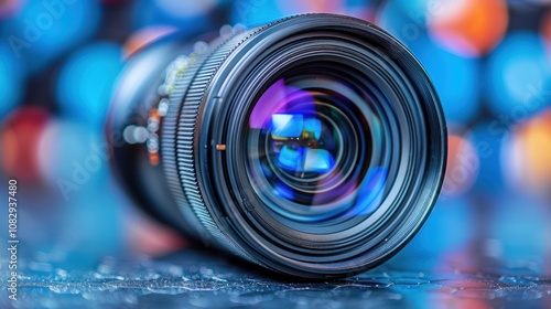 A close-up view of a camera lens with vibrant reflections, showcasing intricate glass elements and colorful bokeh in the background, symbolizing precision and creativity