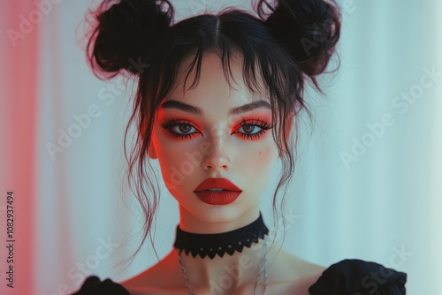 A dramatic portrait of a woman with unique makeup showcasing a striking red a...