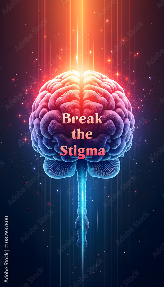 Vibrant brain illustration with radiant effects and 'Break the Stigma ...