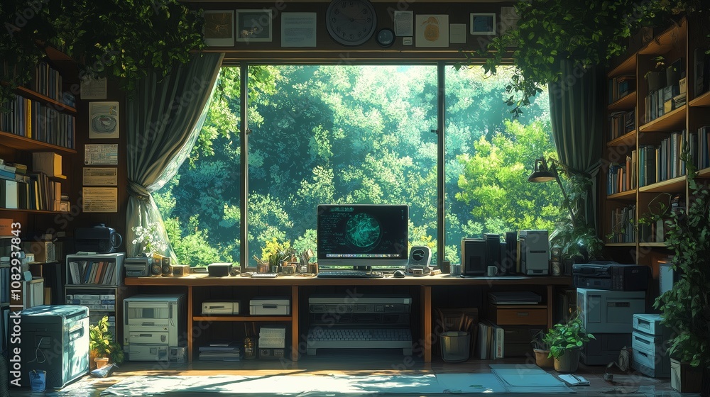 a computer is on a desk with a window a computer is on a desk with a window